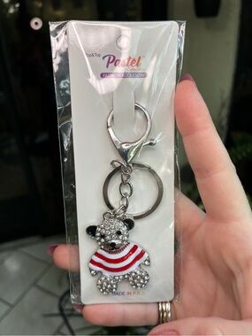 Pastel Collection Rhinestone Teddy Bear Keychain NIP Bag Charm Stripped Sweater